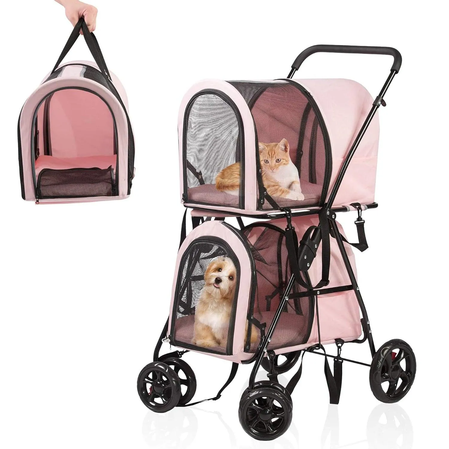 3-in-1 Double Seater Folding Dog Pet Stroller Kitten Puppy Carriages Detachable Carrier Bags, Pink