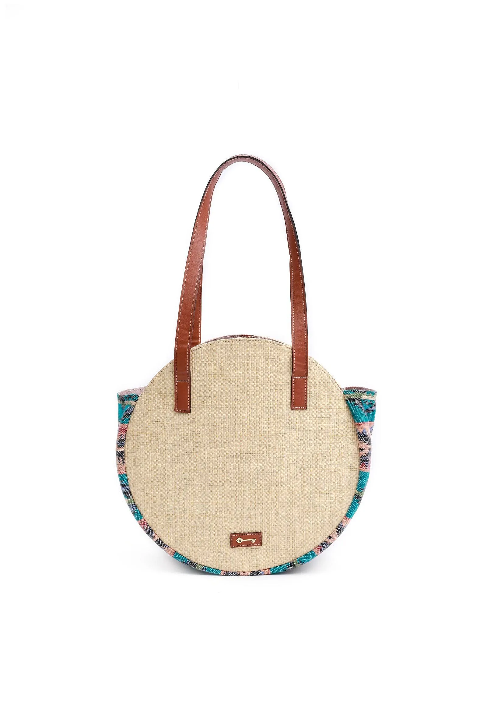 Beige with Blue Jacquard Circular Tote Bag