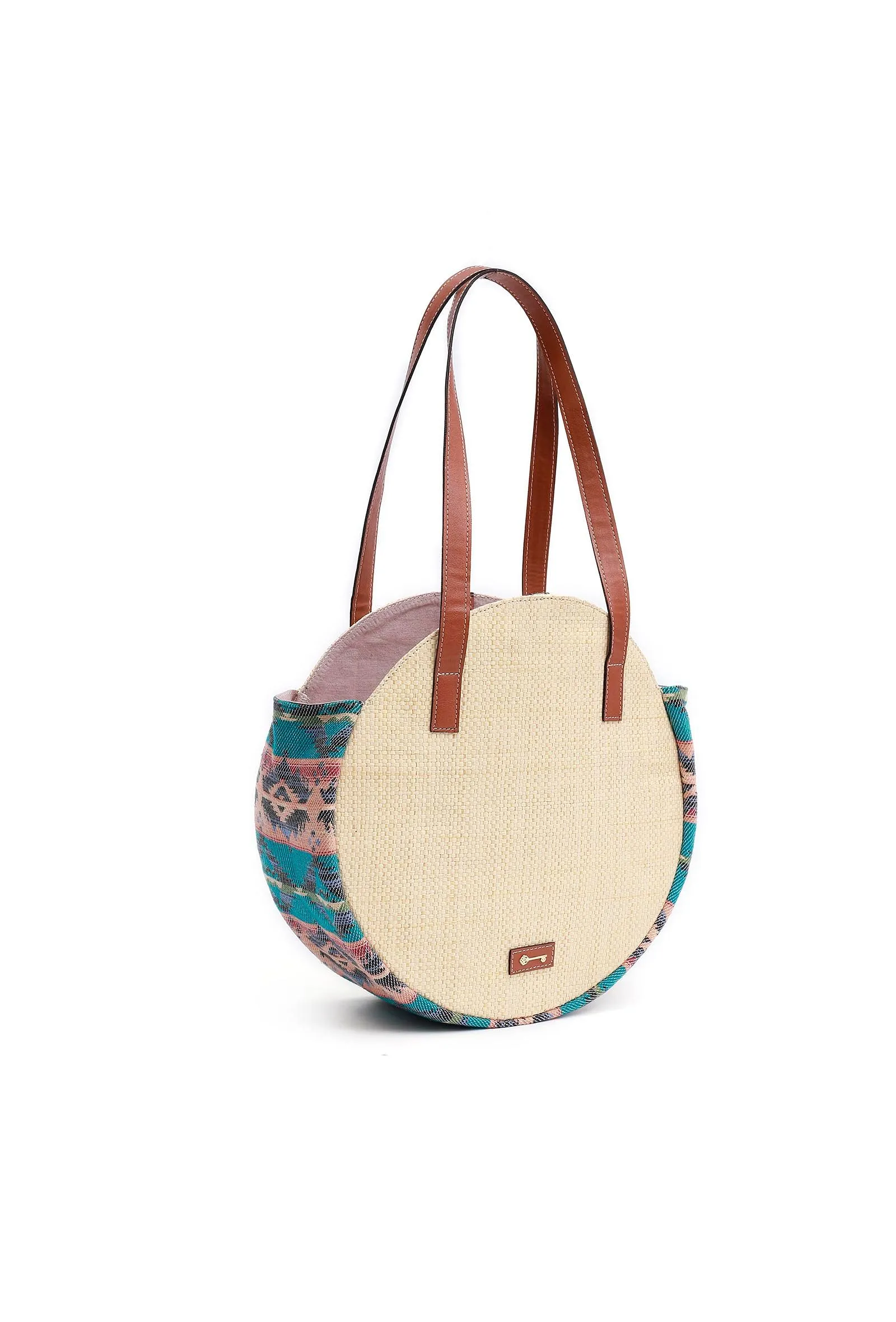 Beige with Blue Jacquard Circular Tote Bag