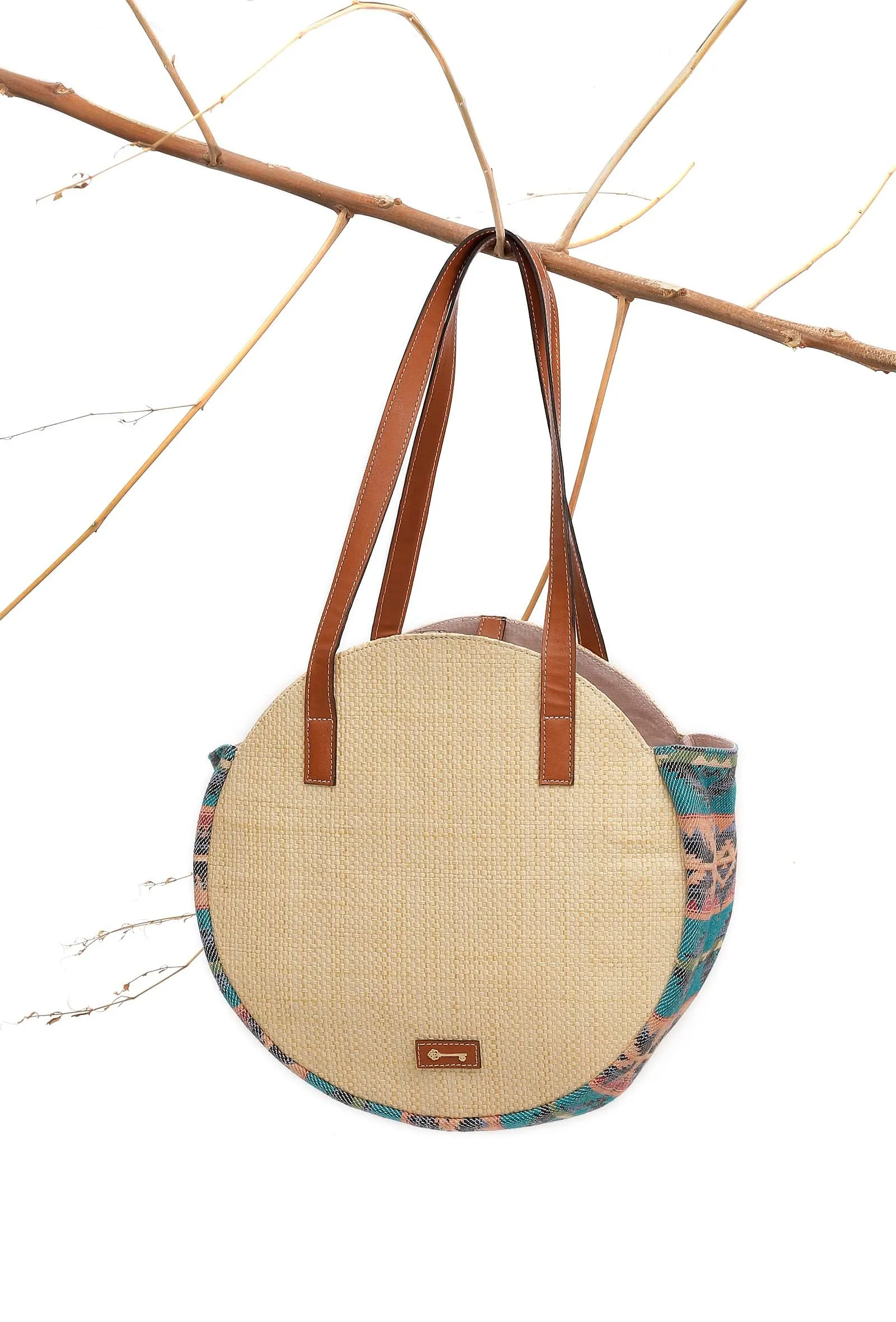 Beige with Blue Jacquard Circular Tote Bag