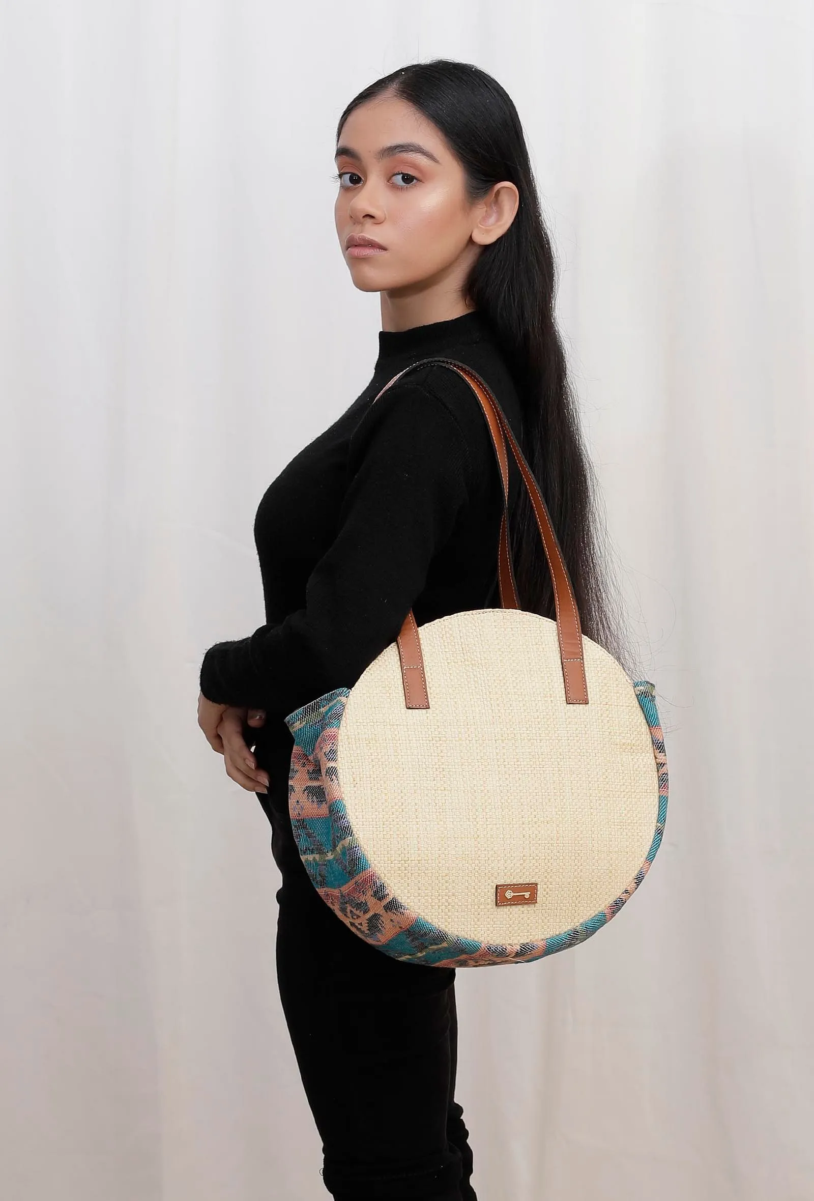 Beige with Blue Jacquard Circular Tote Bag