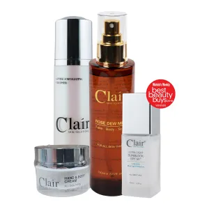 Clair Skin Solutions Gentle Exfoliating Cleanser 120ml, Rose Dew Mist 150ml & Ultra-Light Sunblock SPF 50  30ml GET Hand & Body Cream 30ml