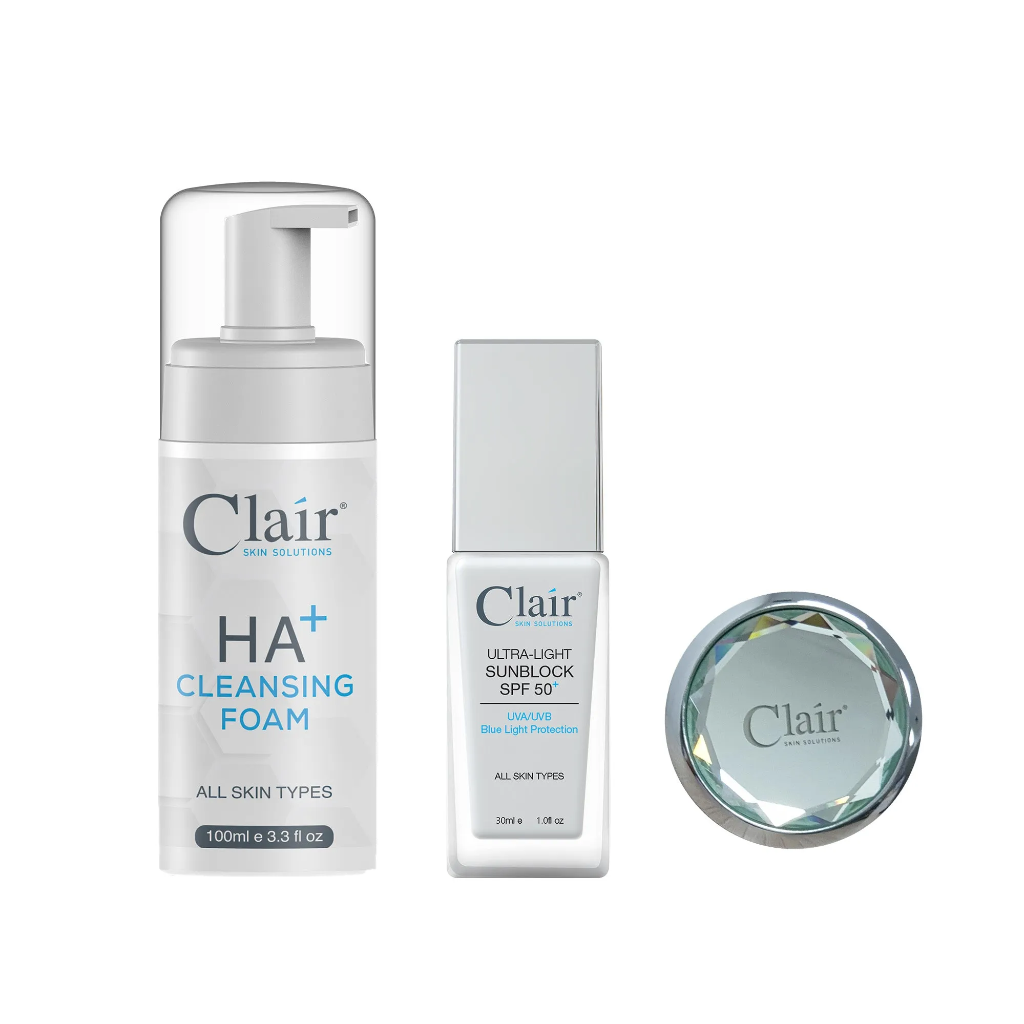 Clair® Skin Solutions HA  Cleansing Foam 100ml, Ultra-Light Sunblock SPF 50  30ml & Limited Edition Mirror