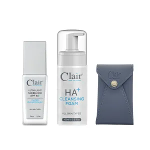 Clair® Skin Solutions Ultra-Light Sunblock Spf 50  30ml, HA  Cleansing Foam 100ml and Limited Edition Pouch Bundle