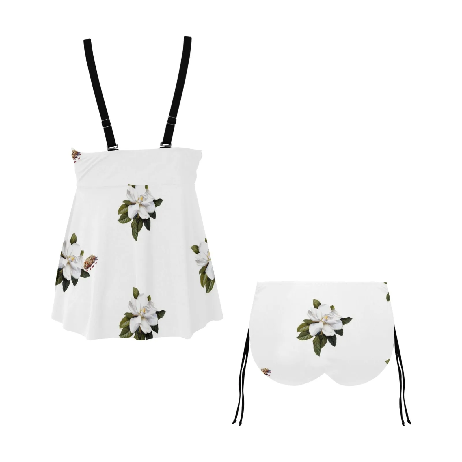 magnolia print on white Chest Drawstring Swim Dress (Model S30)