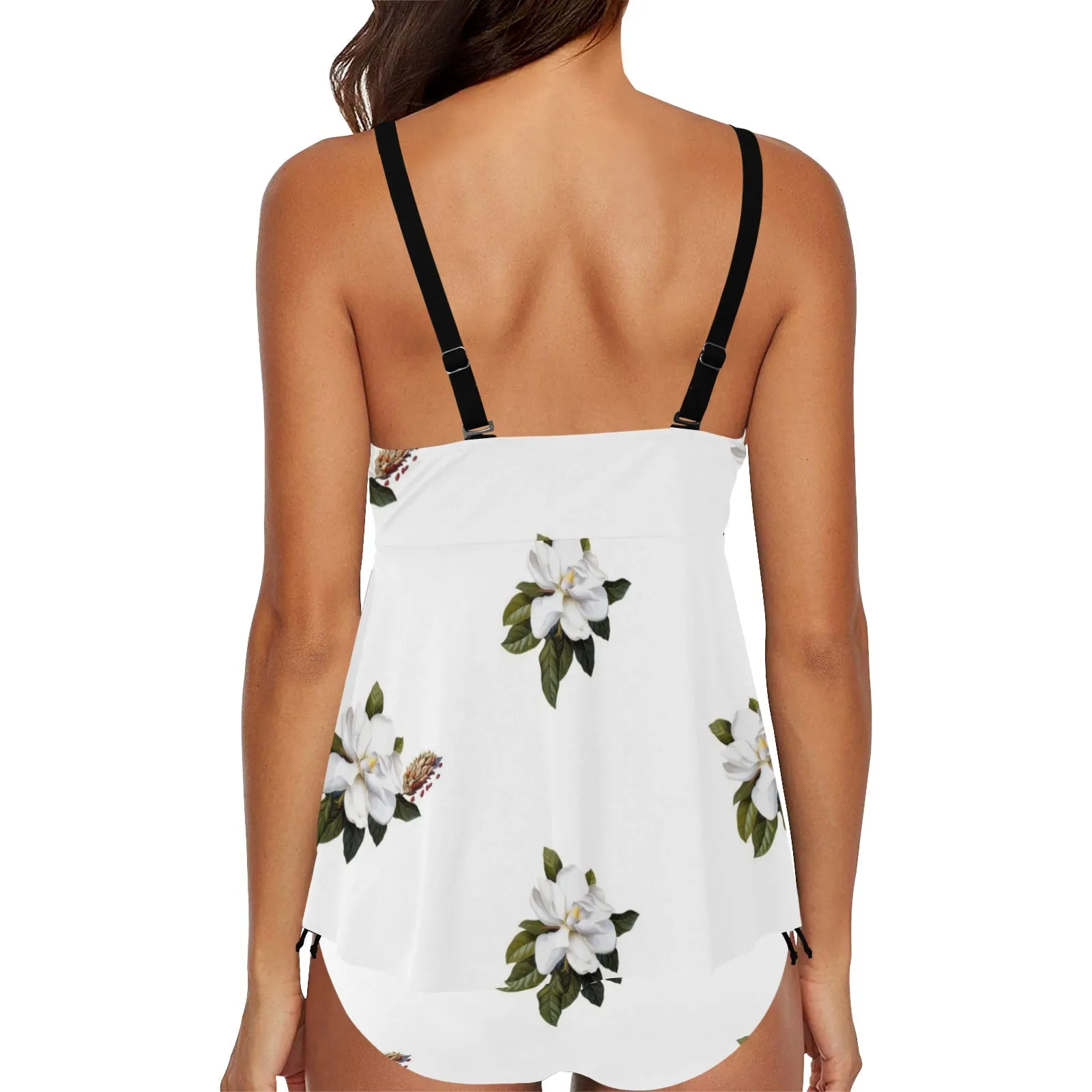 magnolia print on white Chest Drawstring Swim Dress (Model S30)