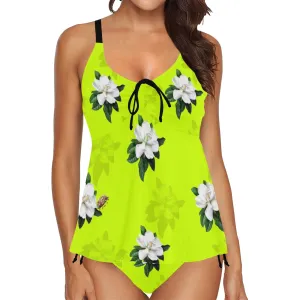 neon magnolia print Chest Drawstring Swim Dress (Model S30)