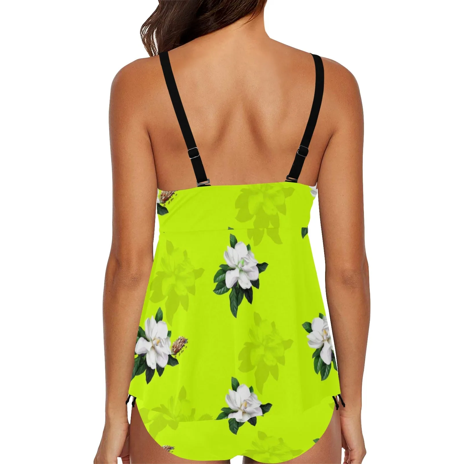 neon magnolia print Chest Drawstring Swim Dress (Model S30)