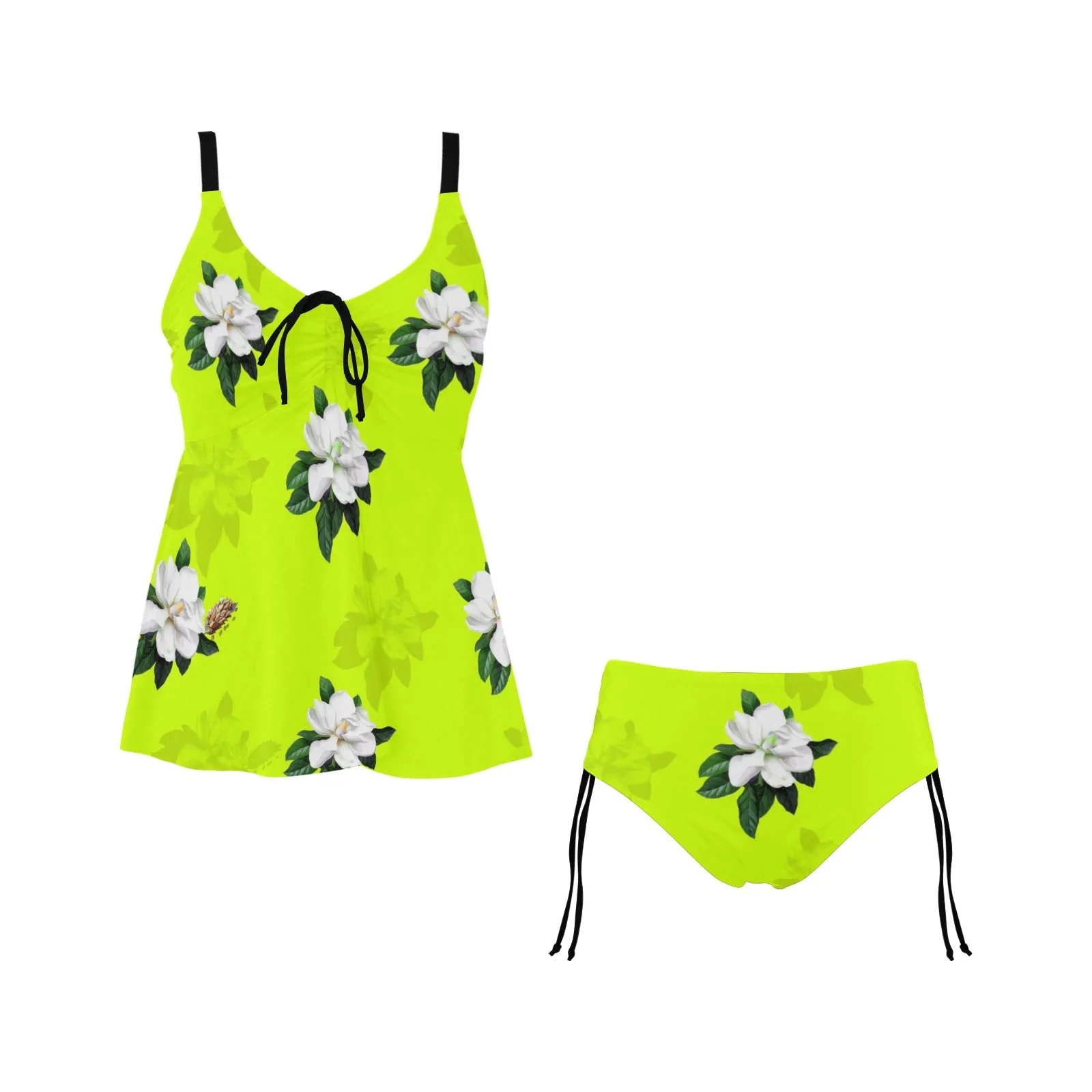 neon magnolia print Chest Drawstring Swim Dress (Model S30)