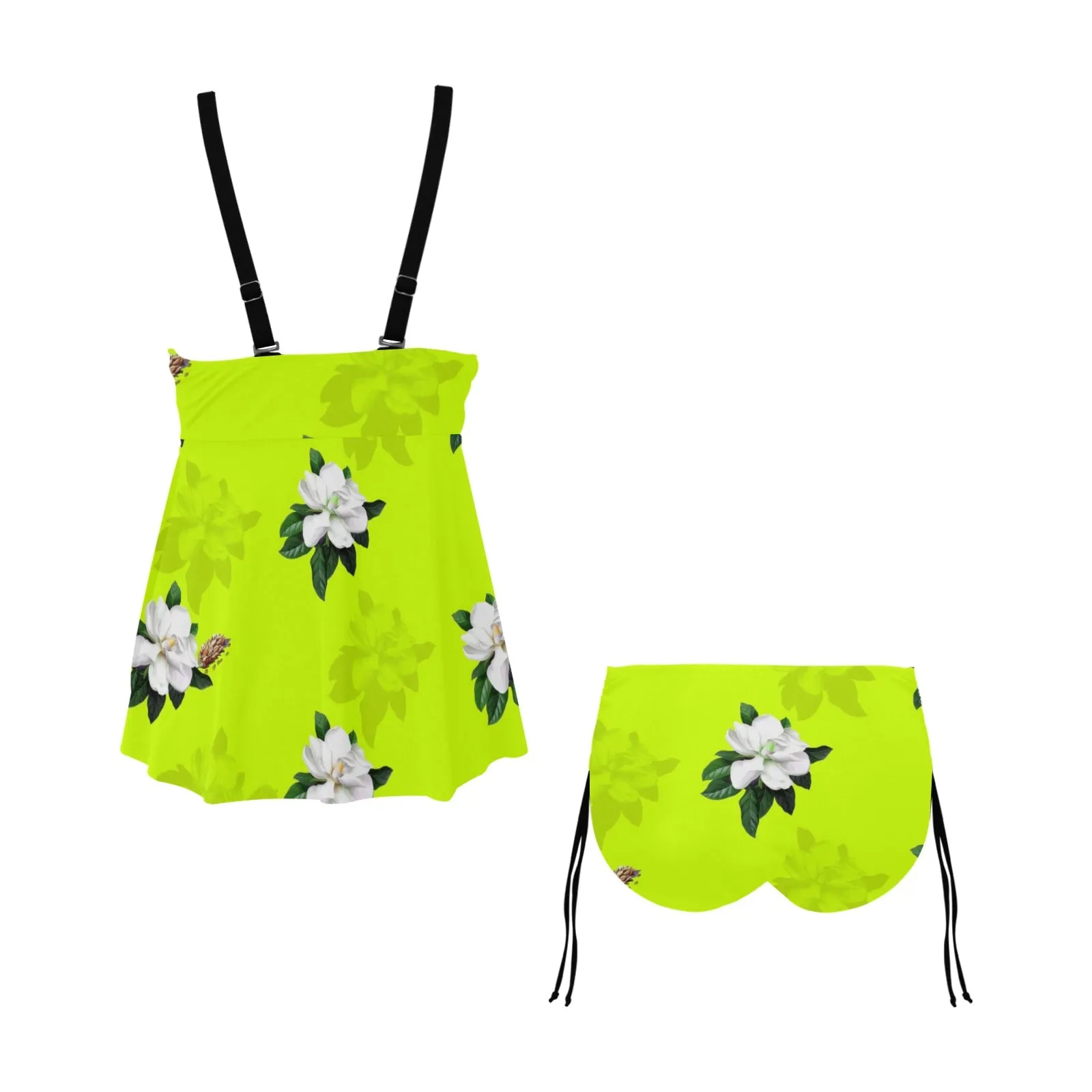 neon magnolia print Chest Drawstring Swim Dress (Model S30)