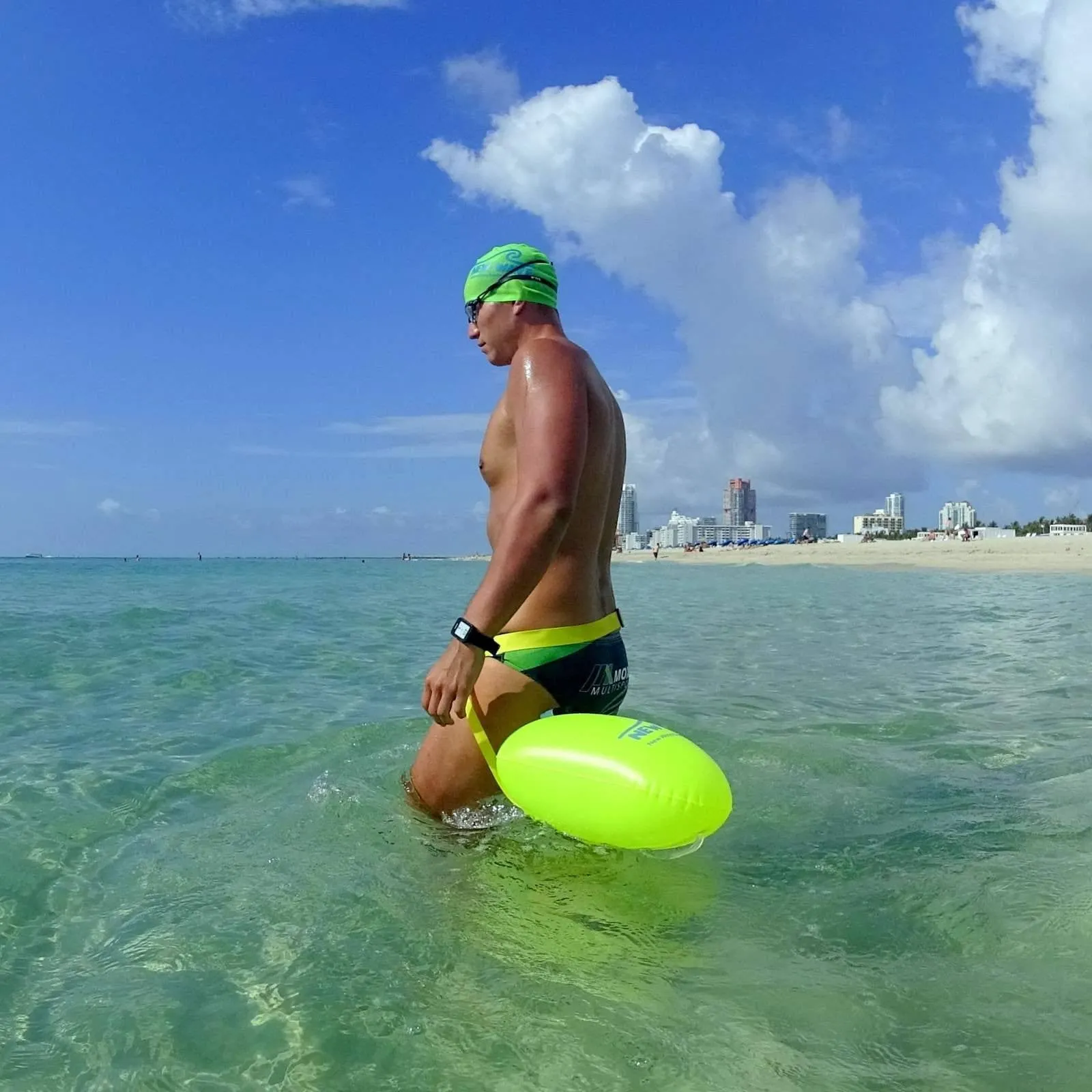 New Wave Swim Bubble for Open Water Swimmers and Triathletes - Fluo Green Triathlon Swim Buoy (No Drybag)