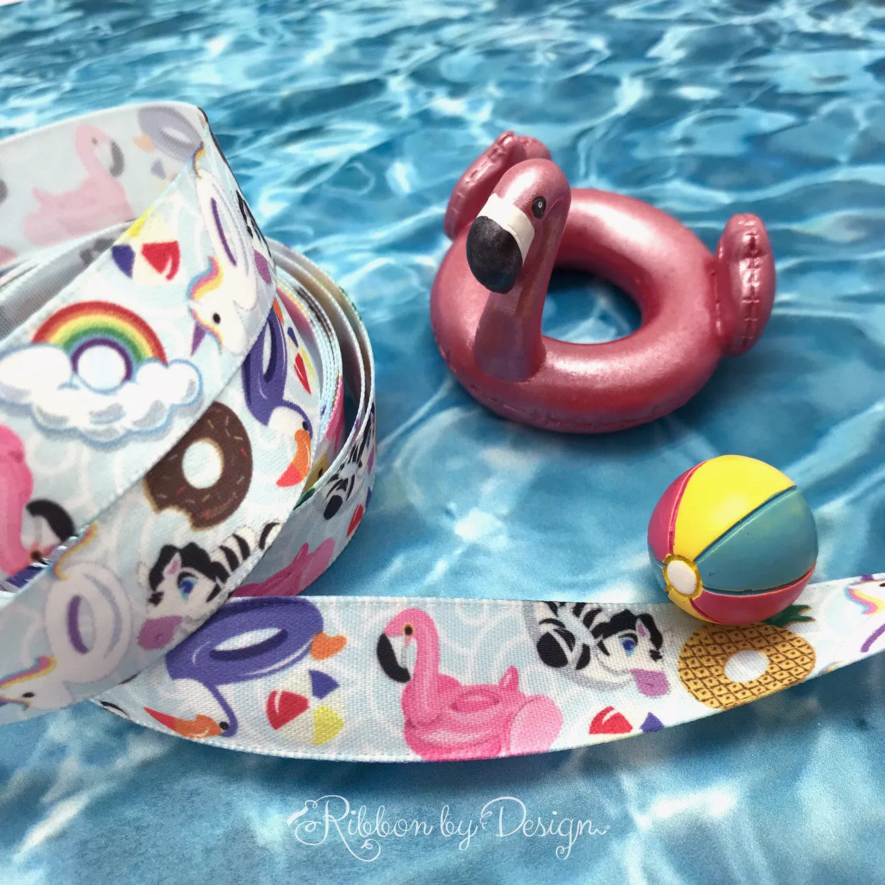 Pool Float Ribbon printed on 5/8" white single face satin