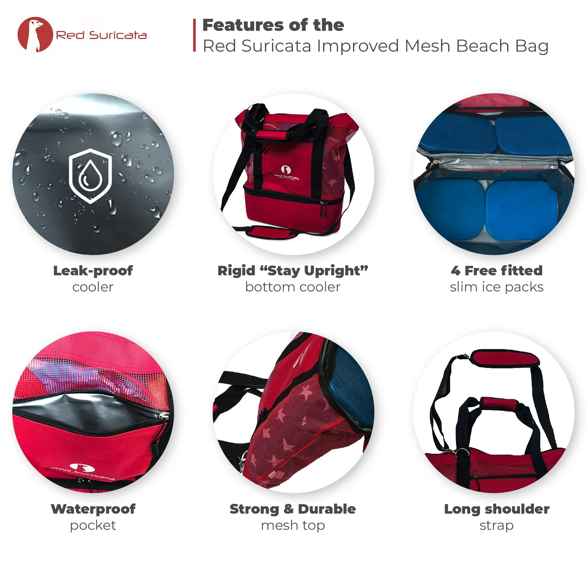 Red Suricata Red Combo Mesh Beach Bag Tote & Cooler including 4 ice packs