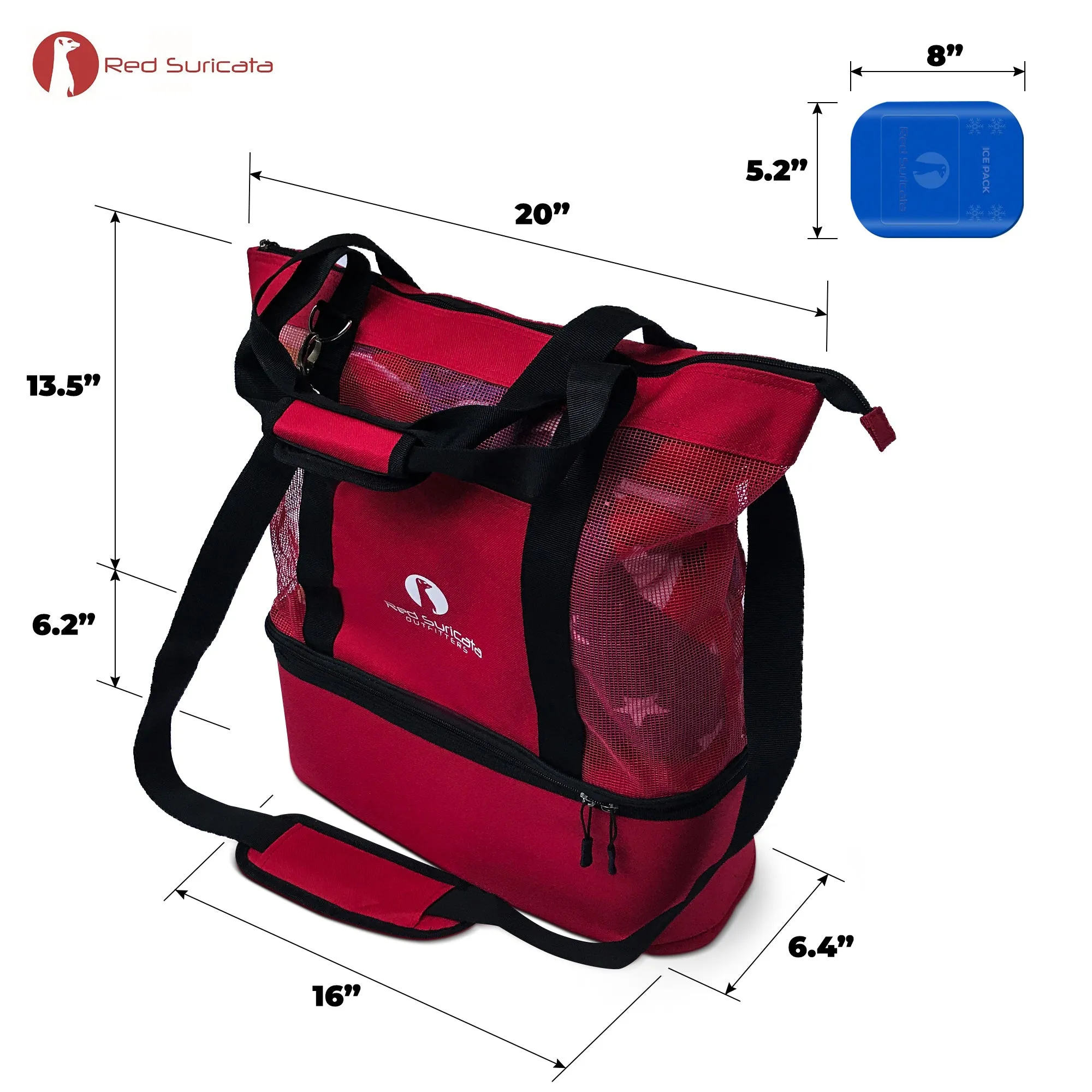 Red Suricata Red Combo Mesh Beach Bag Tote & Cooler including 4 ice packs