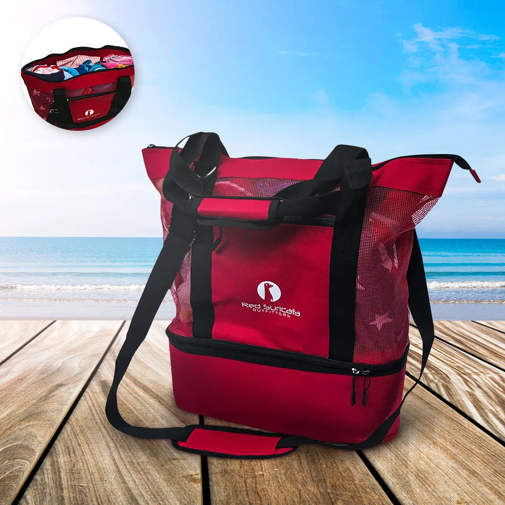 Red Suricata Red Combo Mesh Beach Bag Tote & Cooler including 4 ice packs